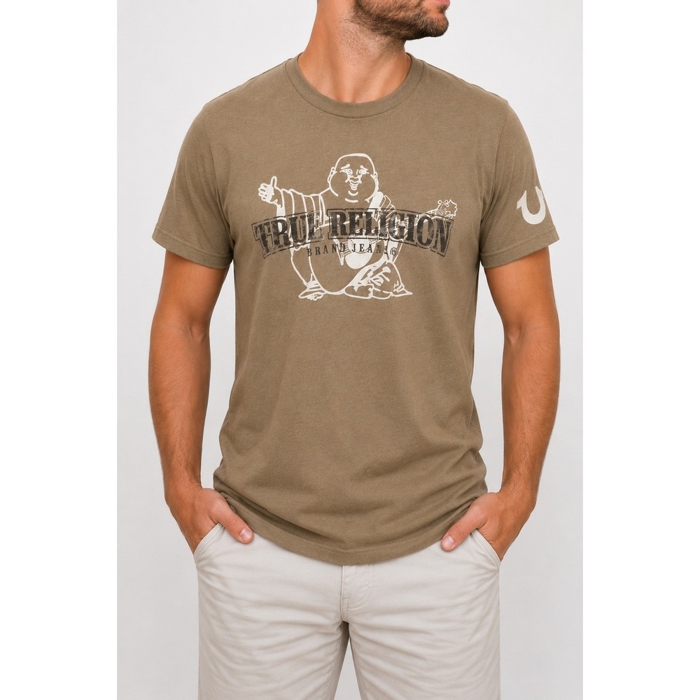 True Religion Mens Guitar Budha Graphic Tee Tshirt L Tan Hipster Streetwear NWT